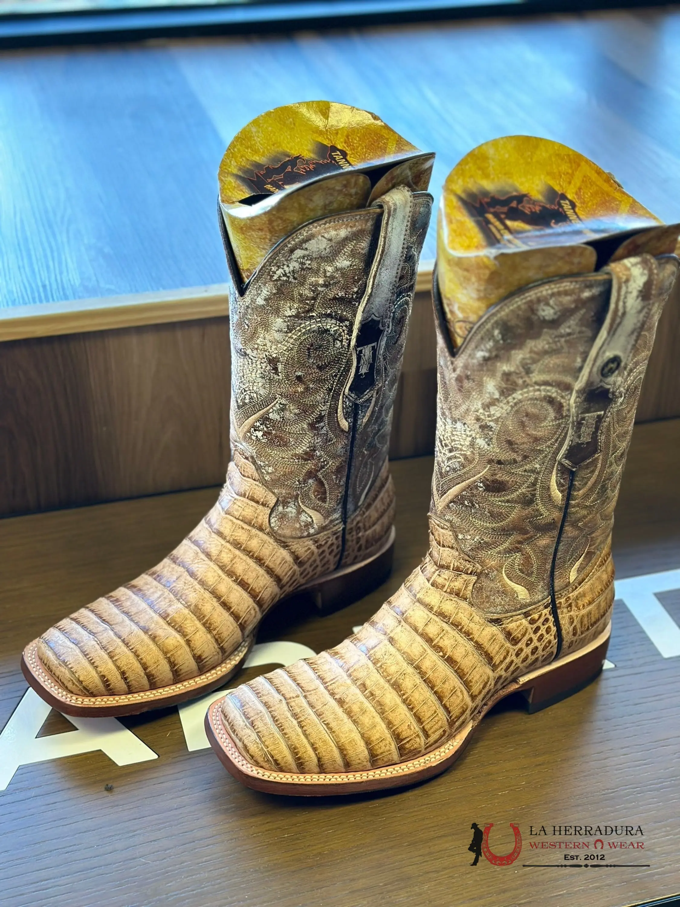 Men's Tanner Mark Square Toe Imitation Lizard Honey Boots - Style TM207032, Shoe, Footwear