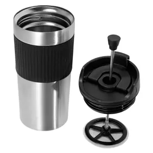15oz Travel Vacuum Insulated French Press Mug Tumbler with Coffee Press Plunger Hand Brew Coffee and Tea Maker Tumbler Cup Silver Portable Stainless Drinkware Flasks Steel Stylish Detachable Leakproof Lightweight Bottled
