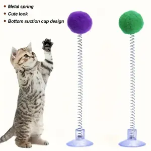 Interactive Cat Toy With Plush Ball, Metal Spring Cat Teaser And Suction Cup Base - Bright Colors, No Batteries Required, Durable Design, Suitable For All Breeds, Stimulates Hunting Instincts And Playful Excitement, Hunting Simulation Toys, Spring Pole