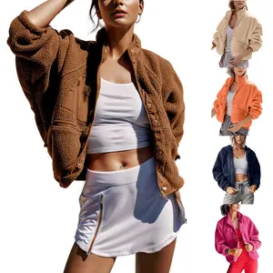 Women's Cropped Sherpa Jacket Button Down Fuzzy Fleece Patchwork Bomber Jackets Shacket Teddy Coat Outerwear