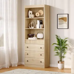 Garvee 71" Tall Fluted Bookshelf with 3 Storage Drawers and 3 Open Tier Shelves, Featuring Waved Design and Metal Ring Handles, Suitable for Living Room, Home Office, or Study, Available in Wood and White Finish