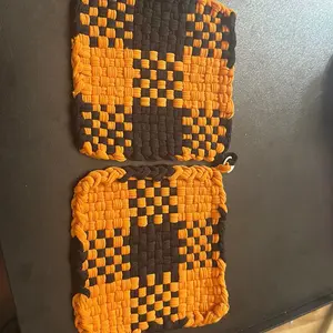 Handcrafted Custom Made Set of 2 Nylon Potholders Coasters in Vibrant Orange and Black Checkerboard Design for Home Decor
