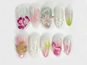 Orchid Dreams 3D Press On Nails - Delicate Hand Painted Flowers - Handmade Nail Art with Soft Blossoms - Soft Pastel Tones