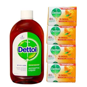 Dettol Antiseptic Liquid 550mL & 4 Re-energize Soap Bars 100mL Each - Daily Cleanser, Effective Home & Personal Care Solution