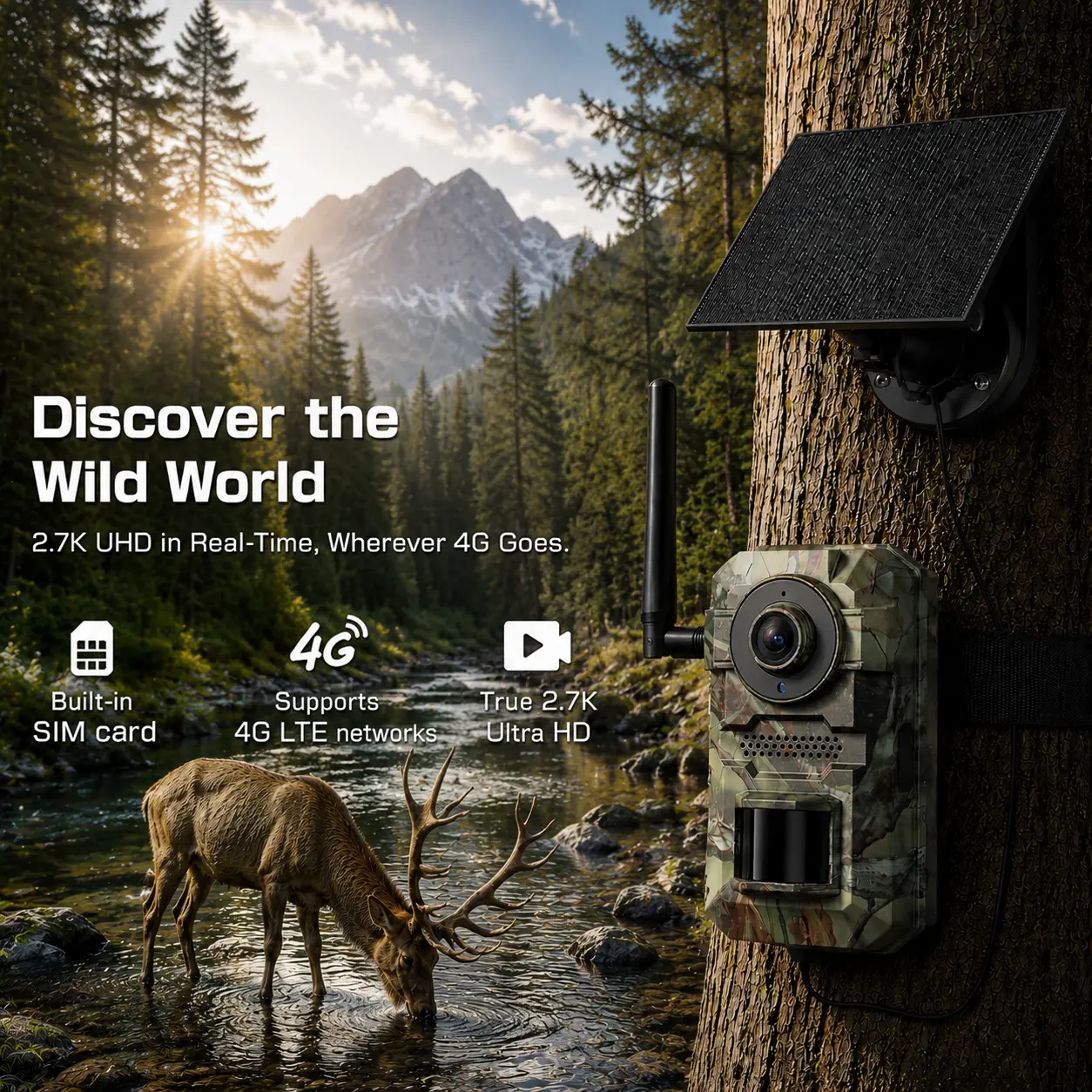 2K HD Solar Powered Wireless 4G LTE Cellular Trail Cameras with Live Streaming, Game Camera Built-in SIM Card WiFi, Not Supported, WaterProof, 14MP Photos, 2.7K Videos| Motion Activated, Night Vision(Data refill is required for Unlimited 4G data usage)