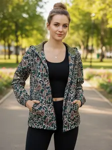 Women's Lightweight Camouflage Hooded Jacket Long Sleeve Casual Loose Fit Full Front Zip Side Pockets Durable Polyester Stand Collar Ideal for Spring Fall Outdoor Clothing Sporty Jacket Olive - Womenswear