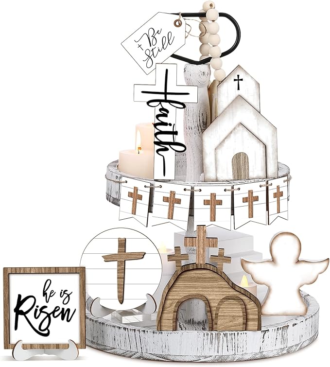 Easter Tiered Tray Decor Wooden Signs Set (No Tray), Rustic Bunny Egg Carrot Jesus Cross Risen Ornaments Cute Durable Layered Tray Signs for Mantel Shelf Table Kitchen Display, Spring Home Easter Decor Christian Family Religious Party Gifts, Date Suppiles