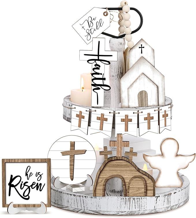 Easter Tiered Tray Decor Wooden Signs Set (No Tray), Rustic Bunny Egg Carrot Jesus Cross Risen Ornaments Cute Durable Layered Tray Signs for Mantel Shelf Table Kitchen Display, Spring Home Easter Decor Christian Family Religious Party Gifts, Date Suppiles