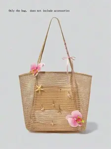CYX 26 Spring/Summer Vacation Style Large Capacity Fashionable Leisure Tote Bag, Casual Tote Bag with Hollow and Mesh Decoration Design, Simple and Versatile Texture Shoulder Bag, Suitable for Seaside Vacation, Market Shopping Exhibition