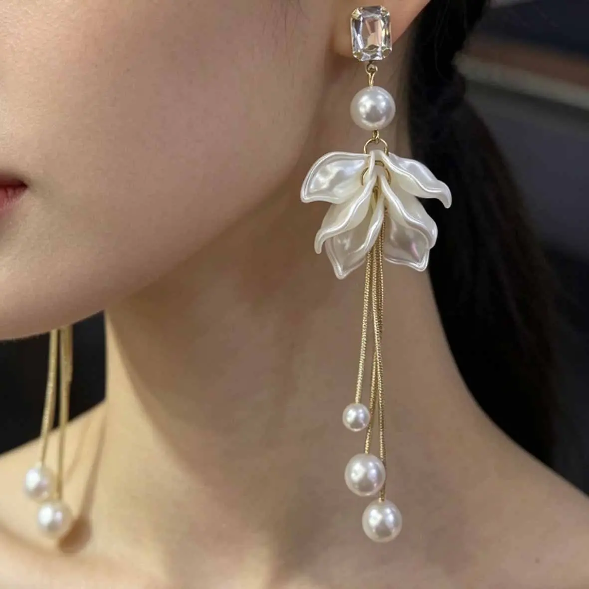Sterling Silver Post White Flower Pearl Tassel Earrings for Women, Dainty Sparkly Long Dangle Drop Earrings, Hypoallergenic Elegant Jewelry for Wedding Bridal Party Everyday Wear Gift for Her