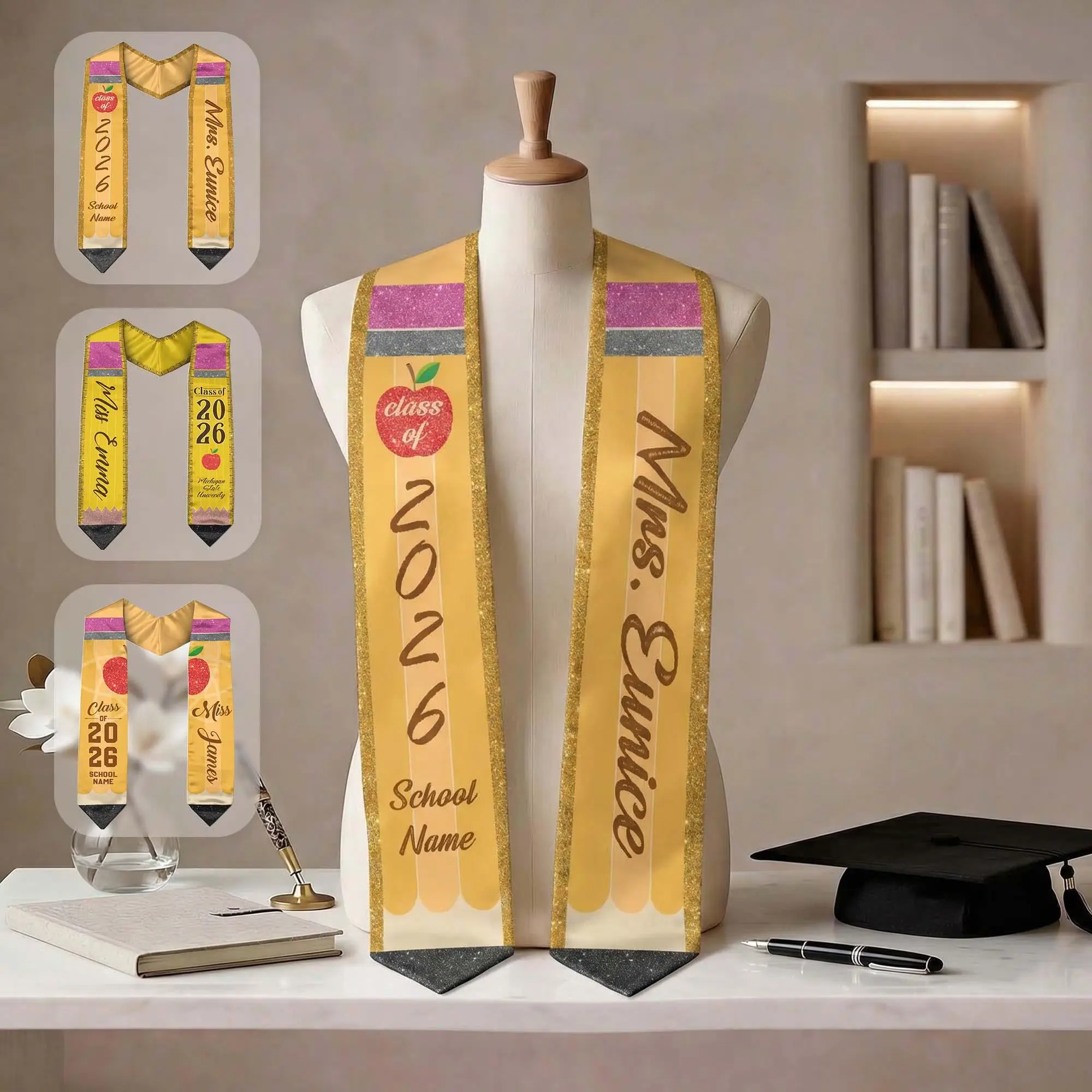 Custom Teacher Graduation Stole 2026 – Pencil Design Sash & Personalized Name Print & Class of 2026 Educator Grad Gift
