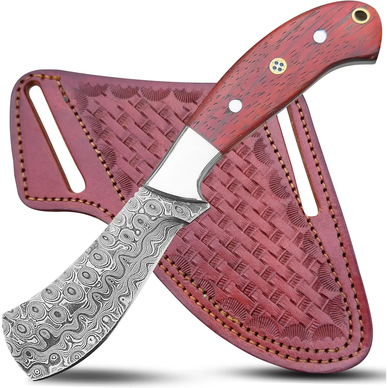 8" Damascus Cutter Knife – Full Tang Cowboy Hunting Knife with Leather Sheath – Fixed Blade Tool for Camping, Survival, Skinning, Outdoor Use & Gift for Men Collectors