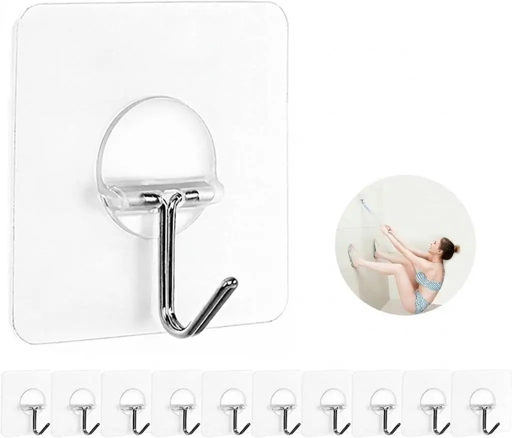 20Pcs Heavy Duty Adhesive Wall Hooks, Clear Seamless Sticky Hanger for Kitchen Bathroom Ceiling, Strong Hold Waterproof Drill-Free Utility Hooks for Towel Robe Utensil Keys, Reusable Self Adhesive Hanging Hooks for Tile Glass Wood Metal