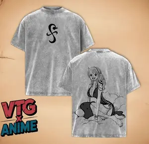Retro Vintage Limited Edition Nami Anime Double Printed Oversized Washed Tee Unisex 100% Premium Cotton Classic Style Clothes T-Shirt Top K61 TRL
