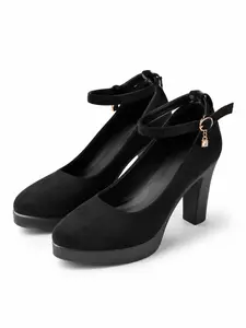 French Vintage Platform Pumps for Women - Matte Suede Round Toe Ankle Strap Heels with Delicate Rhinestone Charm, Elegant Block High Heels for Party, Night Out & Coquette Aesthetic