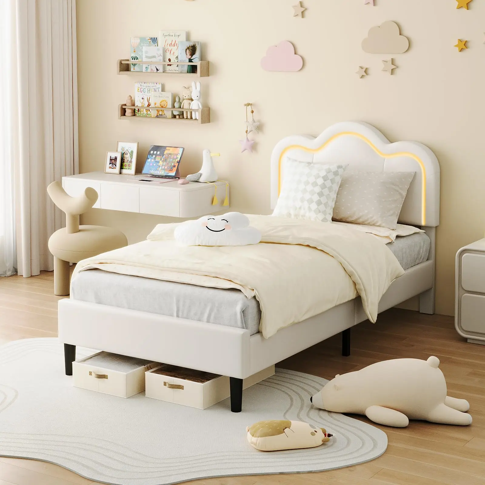 Garvee Beige Velvet Princess Twin Upholstered Platform Bedframe with Adjustable Headboard, Smart LED Light, Durable Wood Slats Support, No Box Spring Needed, Optional Drawer, Fast-Install Bed Frames, Luxury Indoor Furniture,sohochic