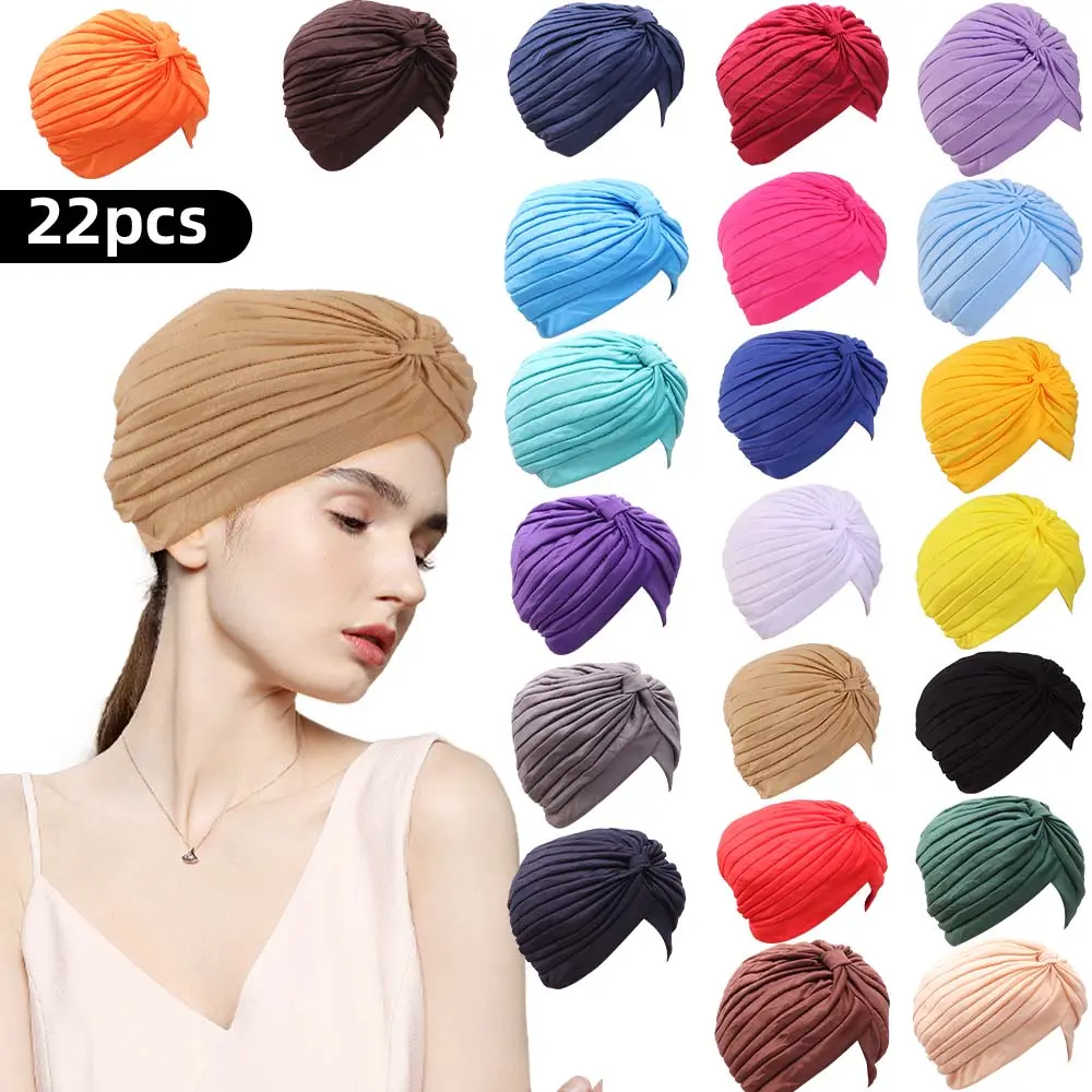 Women's 22-Piece Stretch Turbans - All Seasons Casual Head Scarves, Chemo Wraps, Cancer Beanies, Twisted Cap Covers