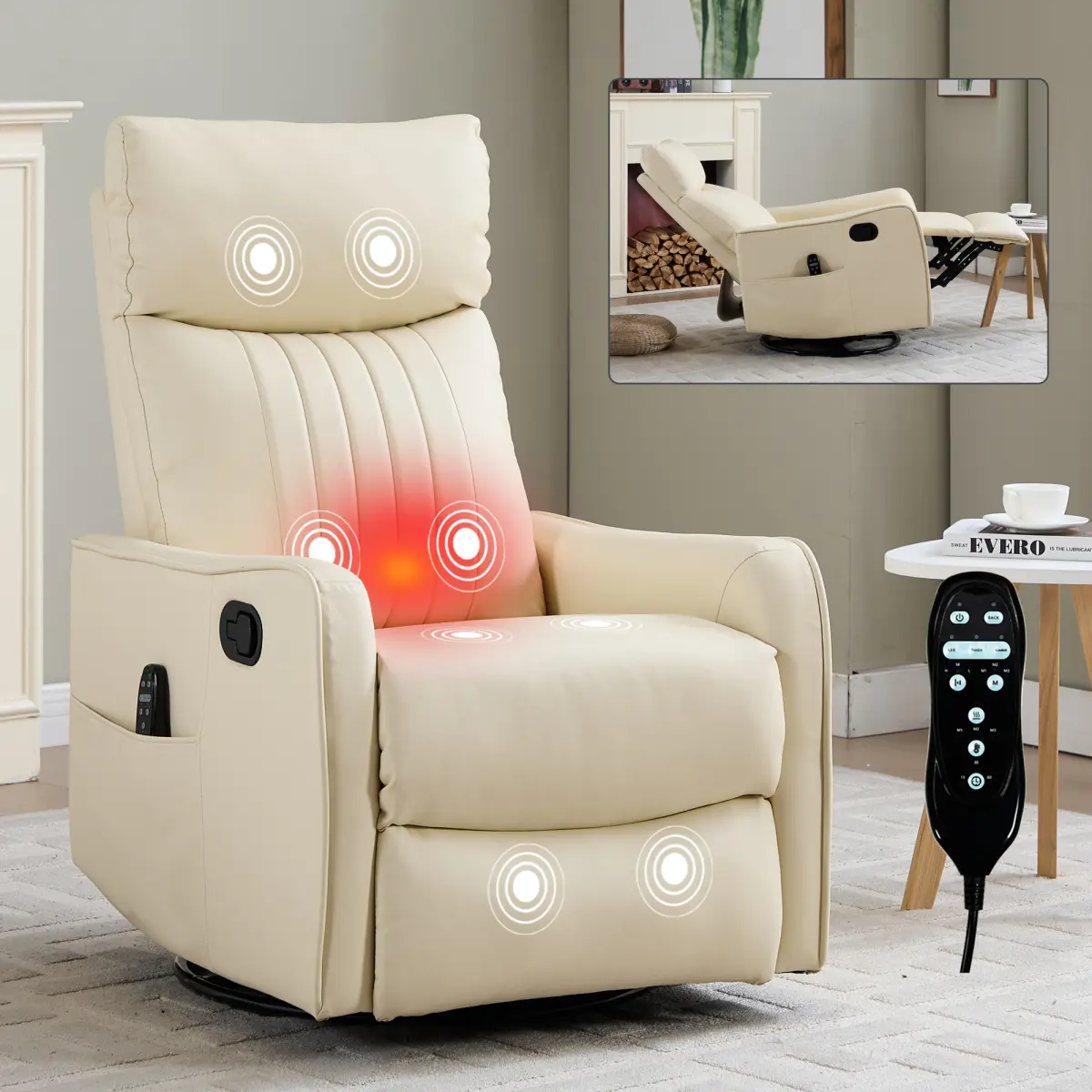 Faux Leather Heat Massage Manual Recliner Chair - 360° Swivel, Rocker, Modern Comfy Artificial Leather Living Room Furniture, 360° Swivel Living Room Furniture