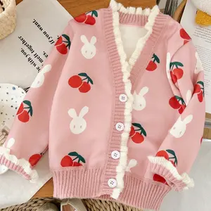 Cute Pink Kids Cardigan with Cherry & Bunny Print - Fleece Lined Warm V-neck Sweater for Girls Casual Sweatshirt