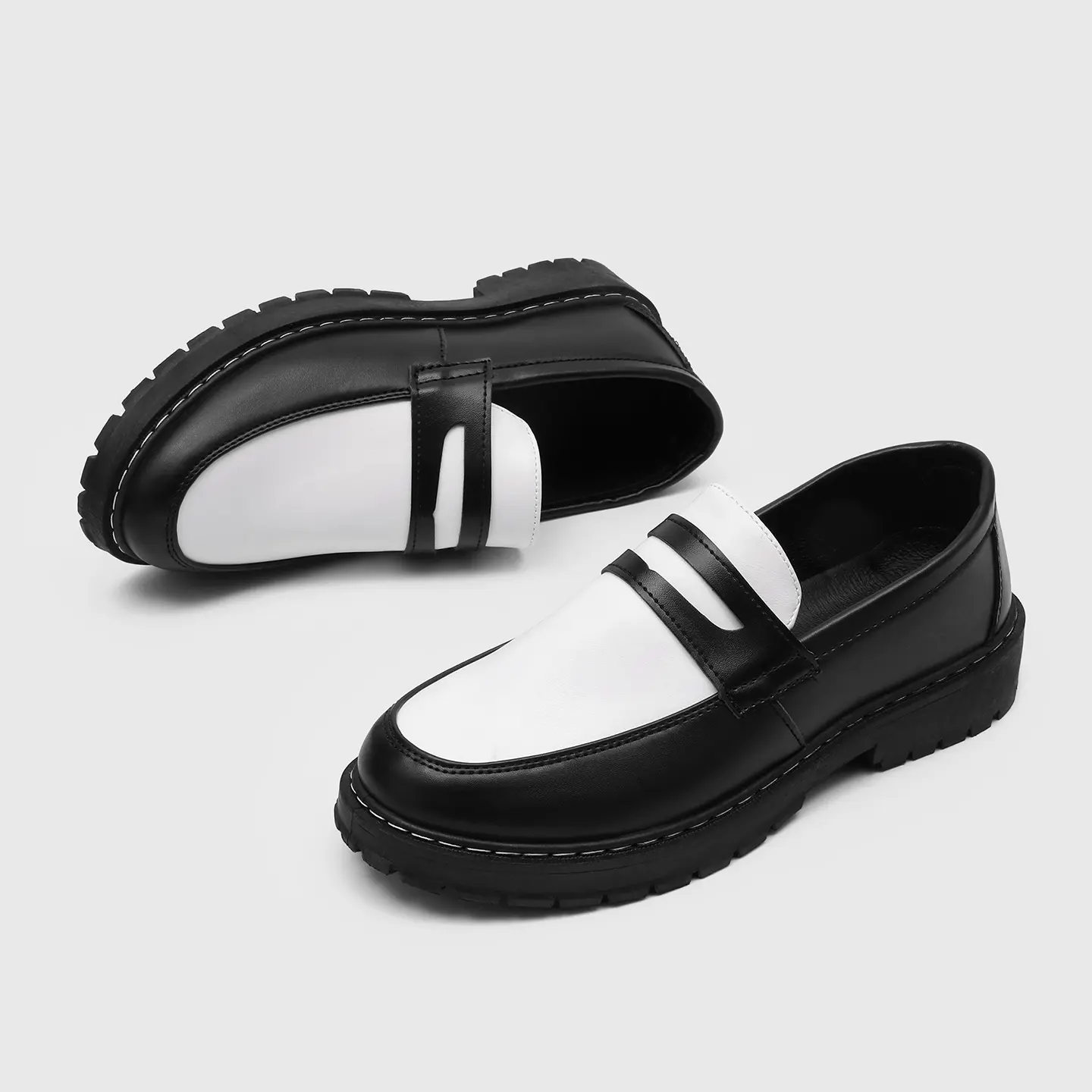 Men's Classic Black White Color Block Penny Loafers Slip On Chunky Lug Sole Dress Shoes Non Slip Comfortable Platform Casual Loafers for Business Office Daily Wear