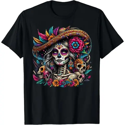 Women's  Day of the Dead La Catrina Sugar Skull T-Shirt - Round Neck, Regular Sleeves, Distressed Look, Dark Aesthetic Streetwear for Alt Girls - Everyday Clothes, Creepy Cute Alt Outfits, Machine Washable Shirts, Graphic