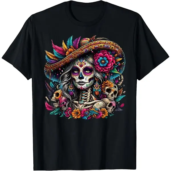 Women's Day of the Dead La Catrina Sugar Skull T-Shirt - Round Neck, Regular Sleeves, Distressed Look, Dark Aesthetic Streetwear for Alt Girls - Everyday Clothes, Creepy Cute Alt Outfits, Machine Washable Shirts, Graphic