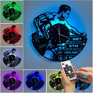Fitness Women's Crossfit Sports Girl Vinyl Wall Clock, Led Digital Clock, Round Digital Display, Sport Theme, Requires Aa Batteries, Ideal for Gym Decor