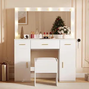 Vanity Desk with Mirror and Lights, Large Makeup Vanity Table with Power Outlet and Stool, Wood Make Up Vanity Set for Bedroom Apartment,3 Lighting Modes Adjustable Brightness