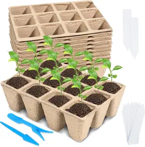 10 Packs Seed Starter Trays, 120 Cells Biodegradable Seed Starter Pots Germination Seedling Trays, Value Germination Kit with 20 Plant Labels, 2 Transplanting Tools, Khaki