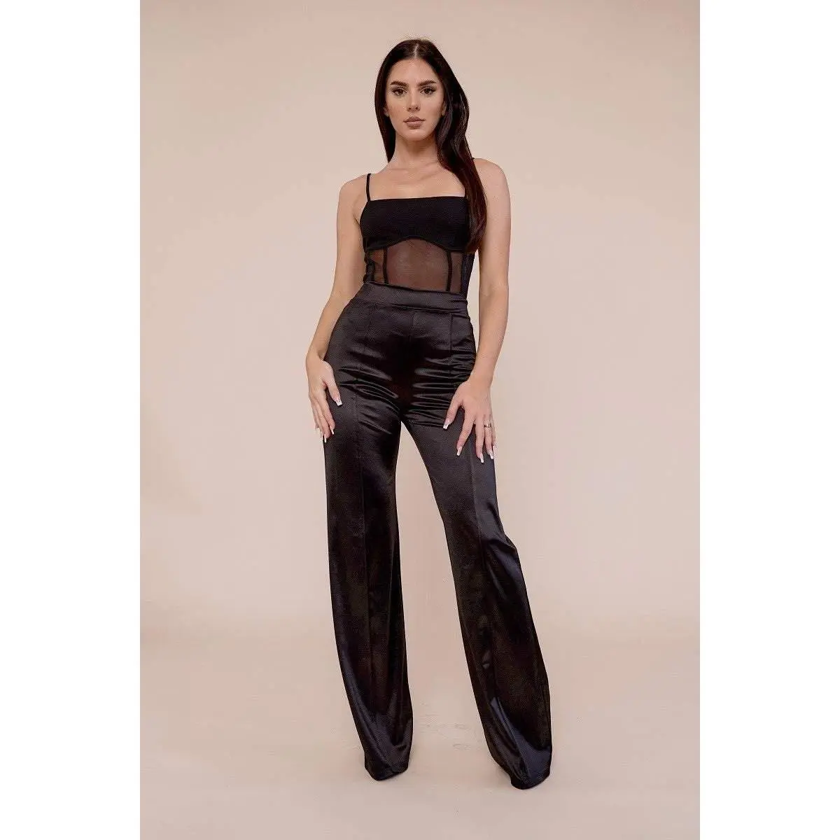 Desire Satin Stretch High Waisted Dress Pants- Black
