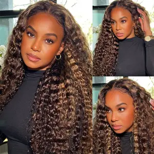 Wiggins Hair Highlight Blonde Pre Cut Ready To Go Glueless Wig 5*7 Lace Closure Wig Human Hair Brown With Blonde Highlights Deep Wave Wig