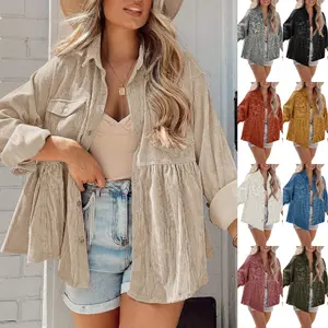 Goranbon Womens Corduroy Shirts Casual Long Sleeve Button Down Blouses Tunic Babydoll Dress Loose Pocket Jacket Shackets