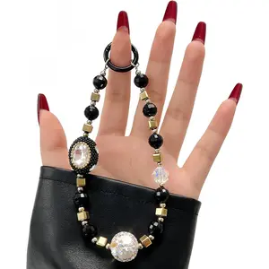 Phone Wrist Strap for Women, Luxury Black Gold Beaded Crystal Rhinestone Diamond Phone Charm, Anti-Theft Glitter Cellphone Lanyard for bag camera keychain and mobile phones