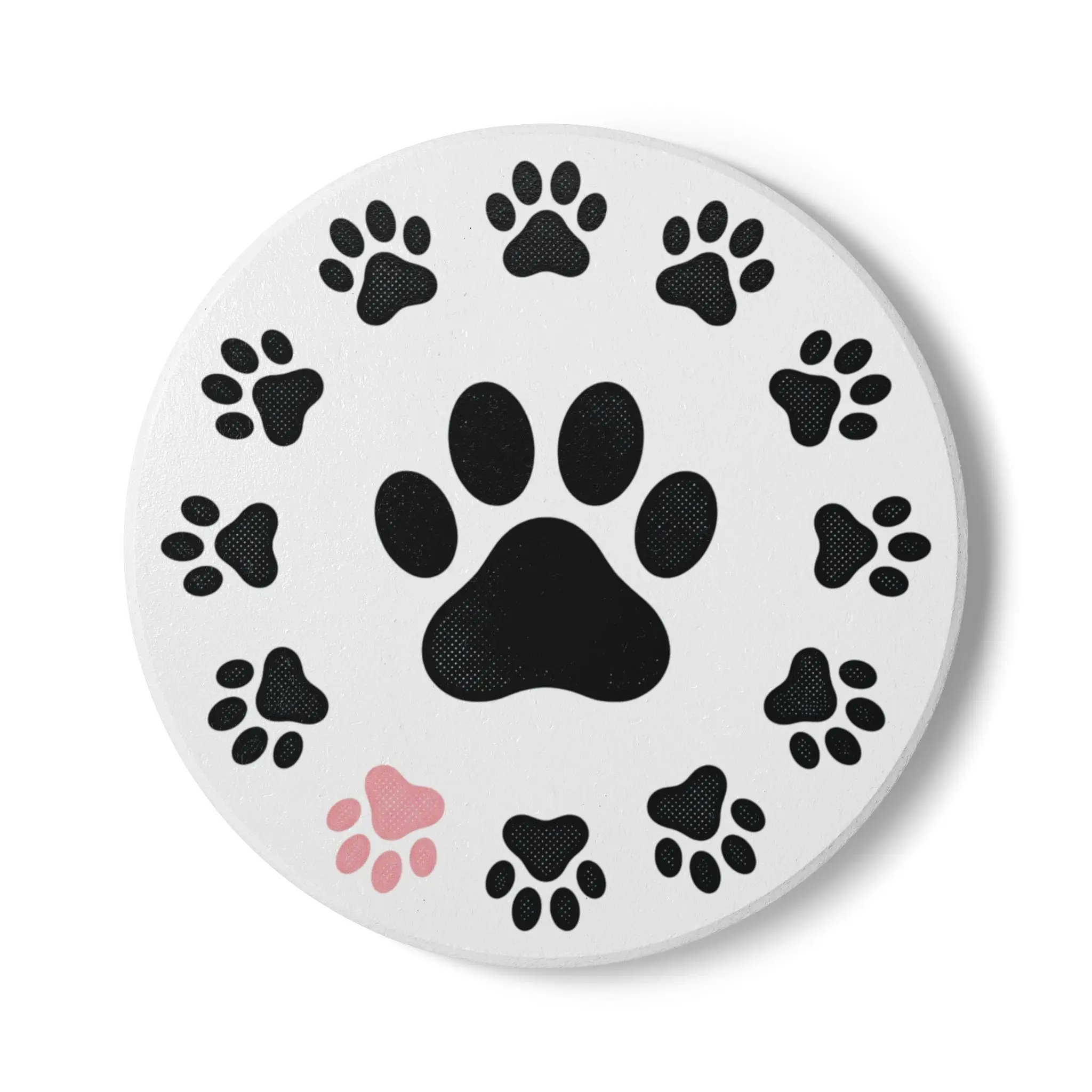 Paw Print Circle Ceramic Coaster | Pet Paw Pattern, Black and Pink