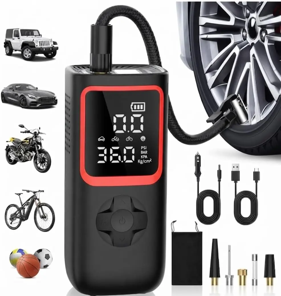 Cordless Tire Inflator Portable Air Compressor, Rechargeable Electric Air Pump with Digital Display, Auto Shutoff, LED Light & 5 Preset Modes for Cars, Motorcycles, Bikes and Inflatables