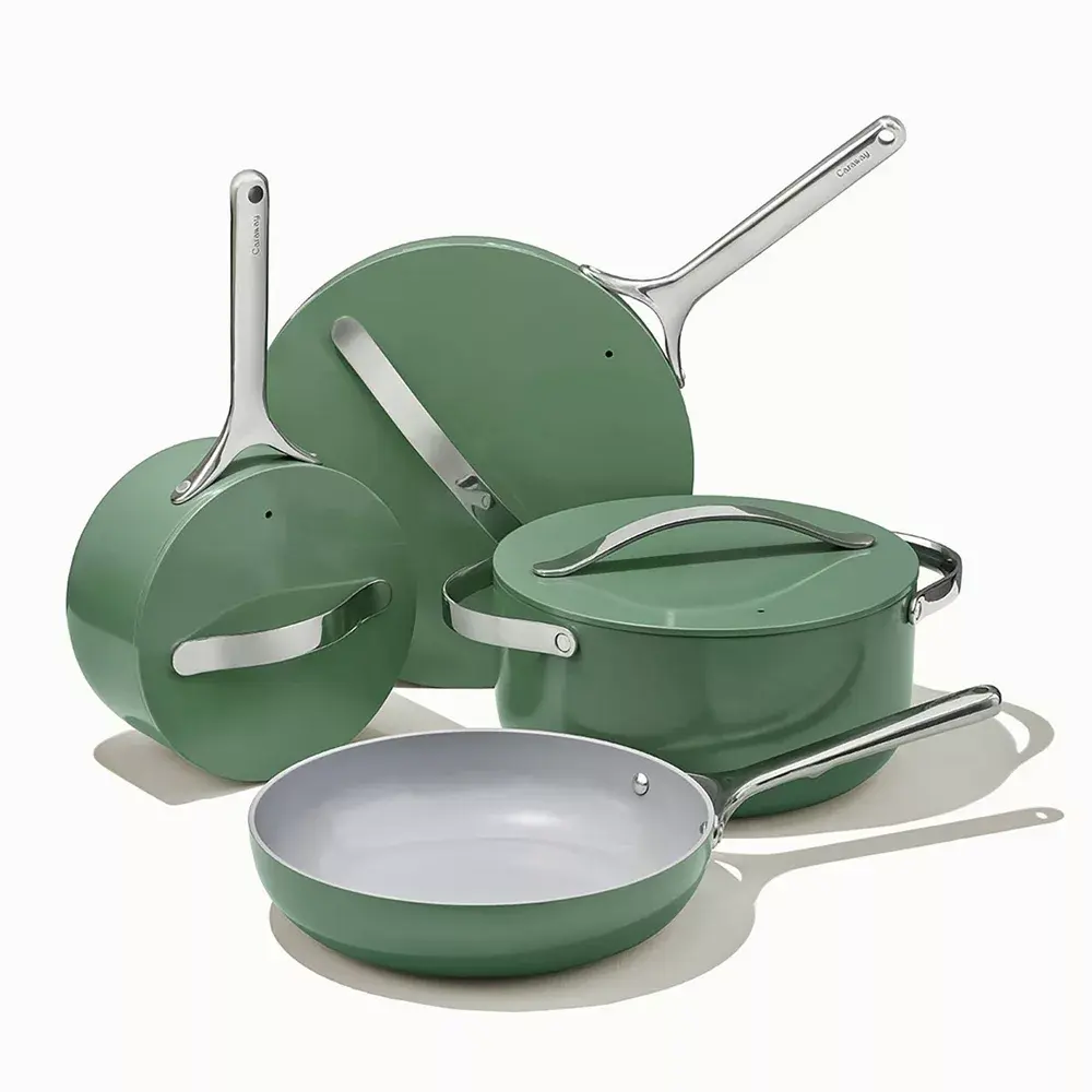 Caraway Home 9-Pc Nonstick Ceramic Cookware Set - Sage, Includes Pot, Fry Pan, Saucepan, Steel Components