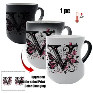 Thermosensitive Ceramic Mug, Heart-Shaped Handle, 11 Oz/330ML, Color-Changing Coffee Cup, Reusable & Non-Slip, Perfect Gift, Floral Gift Mug, Ceramic Drinkware