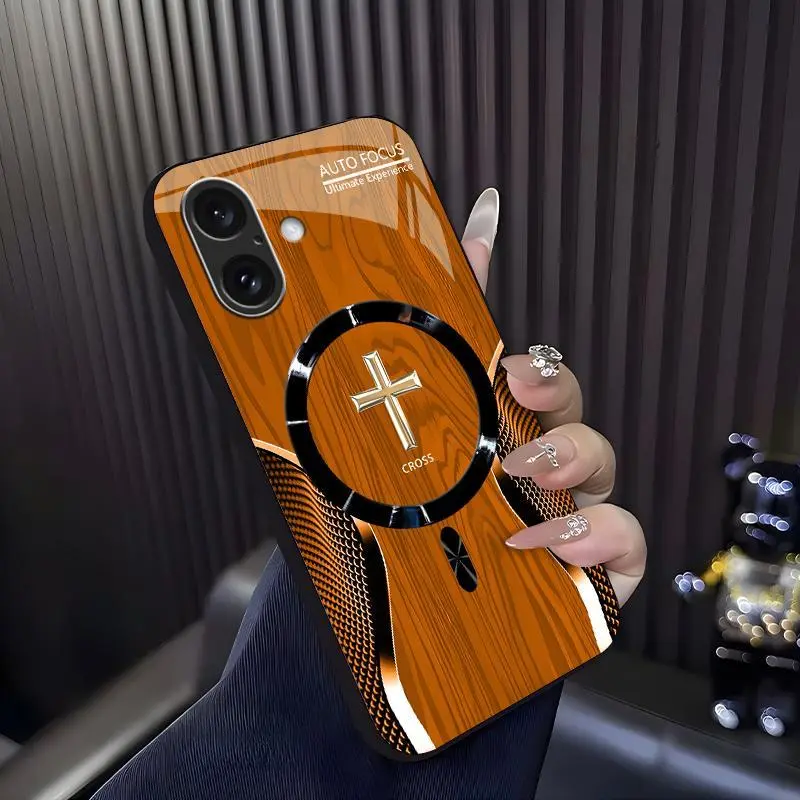 Luxury Wood Grain MagSafe Smartphone Casing, Carbon Fiber Texture, Golden Cross Emblem for iPhone 16 Plus - Cellphone Handheld Accessories