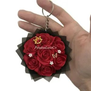 Mini Red Rose Bouquet Keychain – Handmade Ribbon Flowers with Crown & Charm, Cute Gift for Her, Eternal Flower Accessory