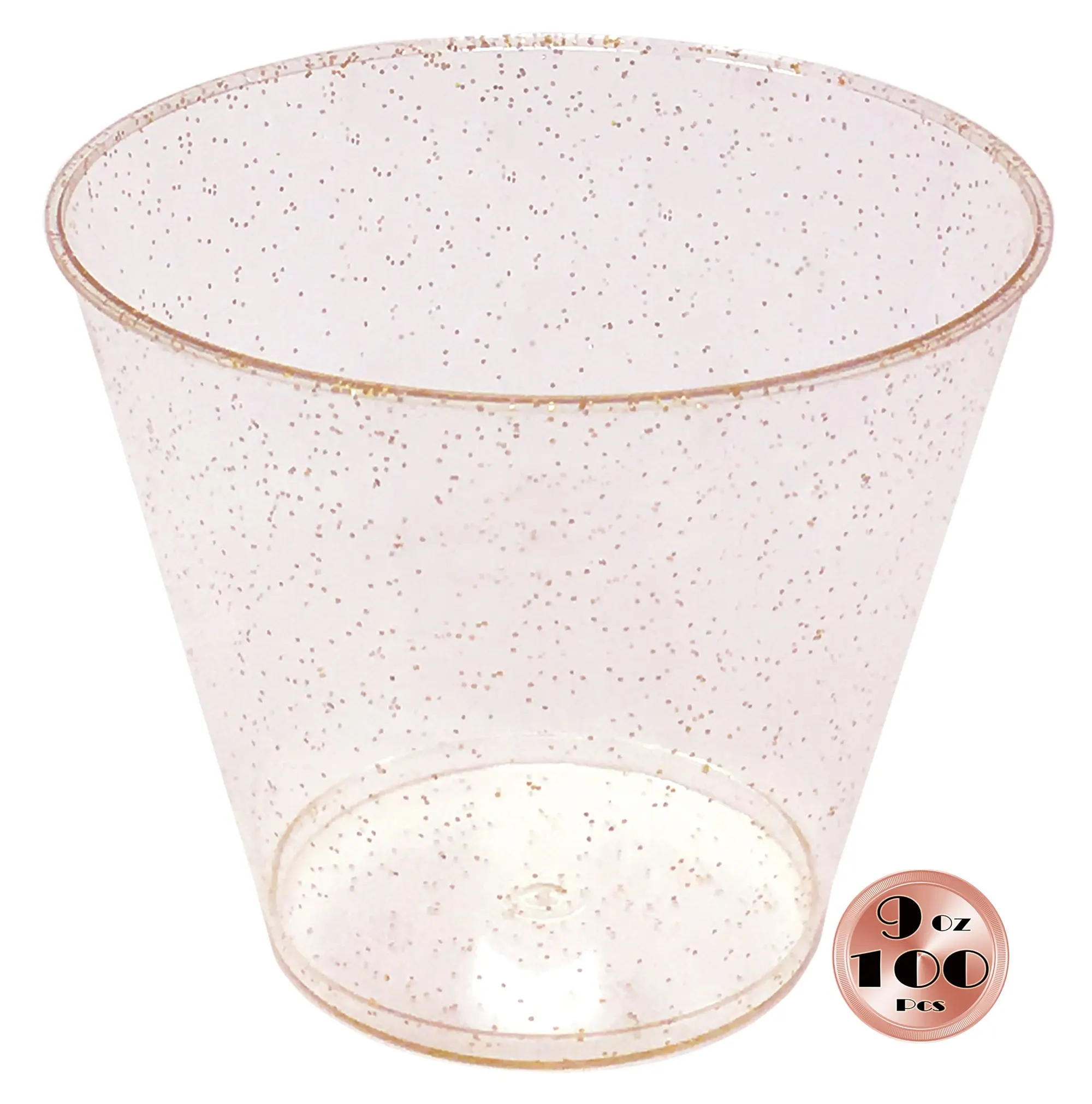 JL Prime 100 Rose Gold Glitter Plastic Cups, 9 Oz Heavy Duty Reusable Disposable Rose Gold Glitter Clear Plastic Cups, Old Fashioned Tumblers, Hard Plastic Drinking Cups for Party and Wedding