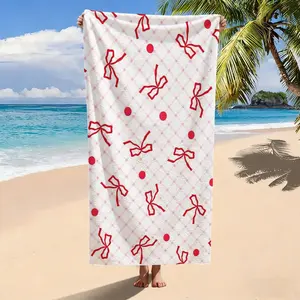 Pink Gingham Red Bow Dot Print Beach Towel, Microfiber Quick Dry Sand Free Oversized Bath Towel, Absorbent Soft Swim Towel for Summer Vacation, Pool, Beach, Valentine's Day, Holiday Gift for Women