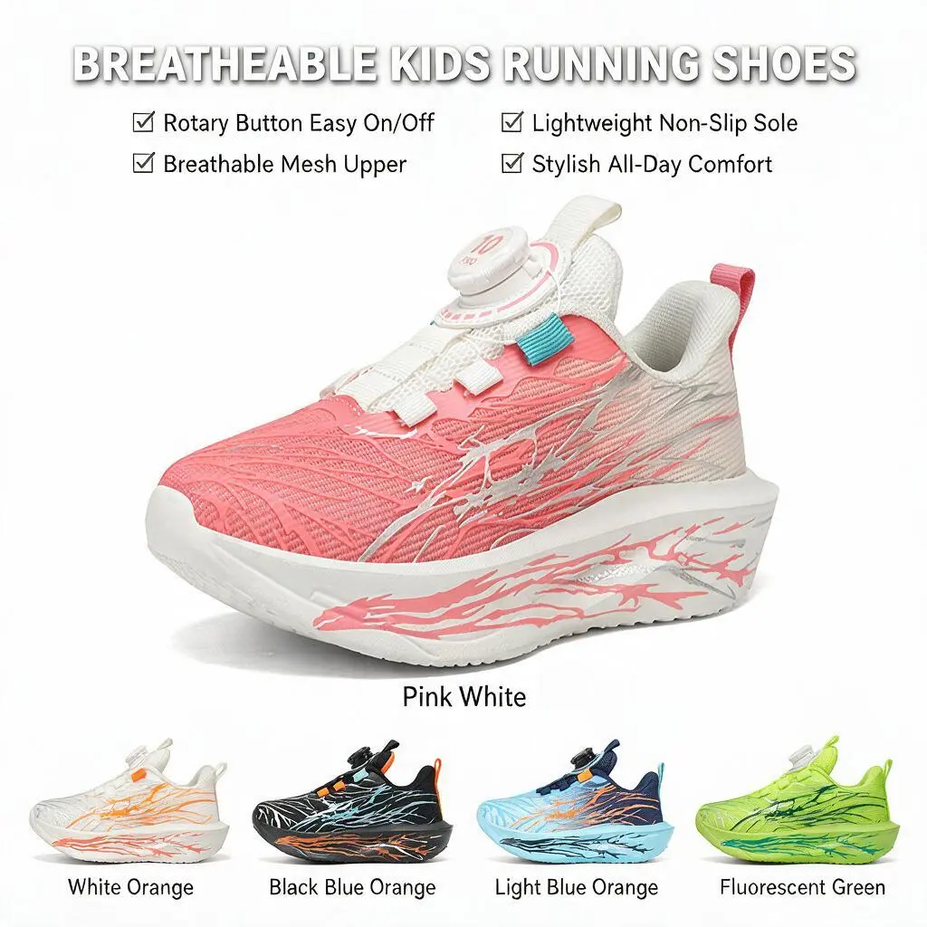 Kids Athletic Shoes for Girls Boys No Lace Quick Slip On Engineered Mesh Lightweight Breathable Toe Bumper Safety Thick Sole Comfort Support
