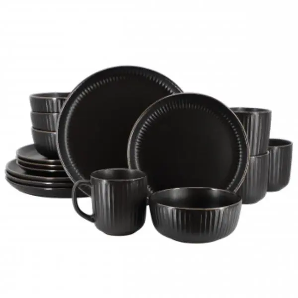 Elama Leo 16-Piece Black Contemporary Tableware Set, Dishwasher Safe Kitchen Dinnerware Set for Everyday Use