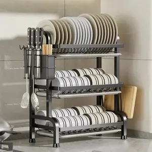 Two-Tier Carbon Steel Dish Rack with Draining Tray – Upgraded for Higher Capacity, Rust-Resistant, Includes Cutlery Holder And Chopping Board Rack, Suitable for Families of 4-6 People – Perfect for Home Or Commercial Kitchens, Black