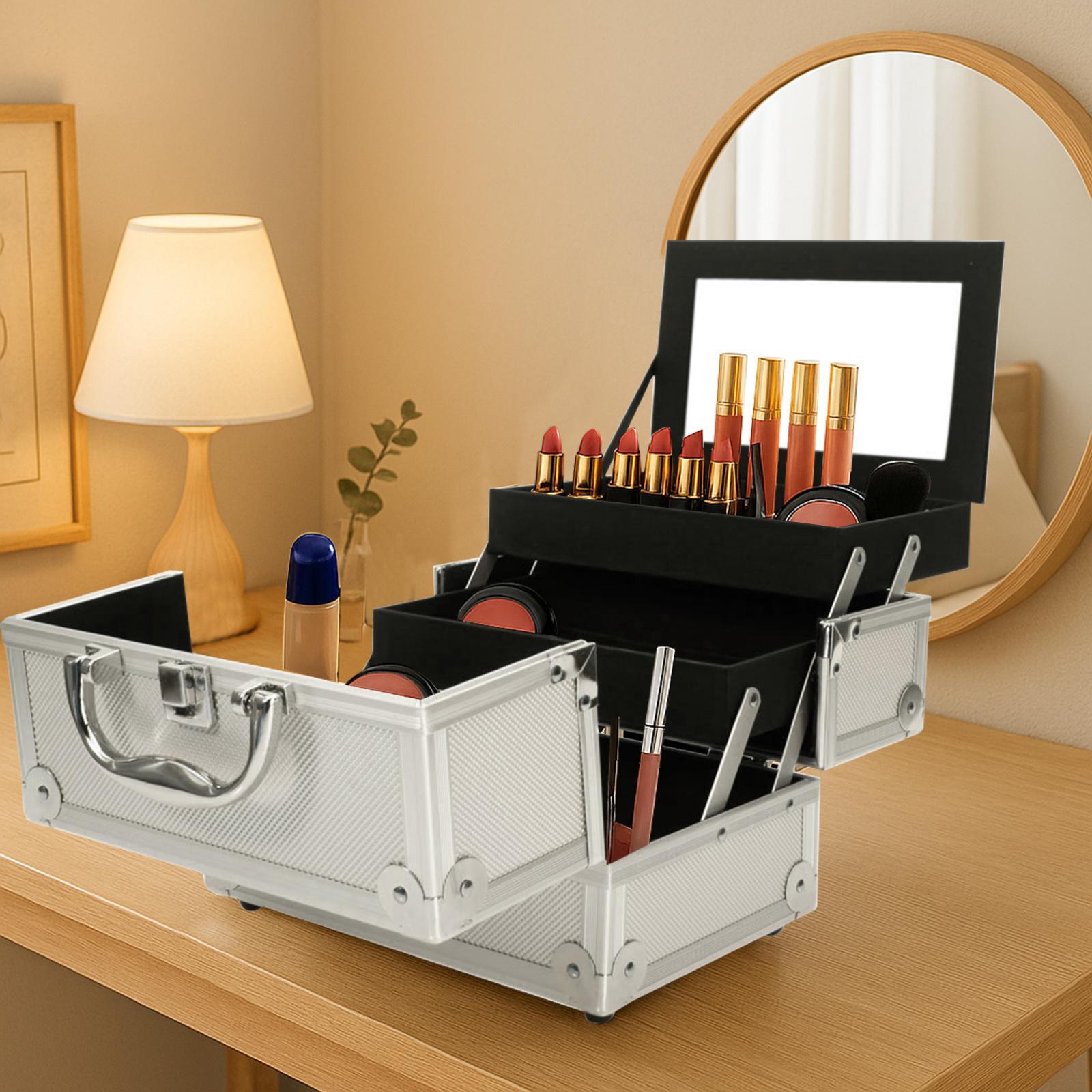 Silver Aluminum Makeup Train Case with Mirror, Portable Cosmetic Organizer Box with Accordion Compartments, Lockable Travel Makeup Storage for Makeup Artists & Beauty Lovers