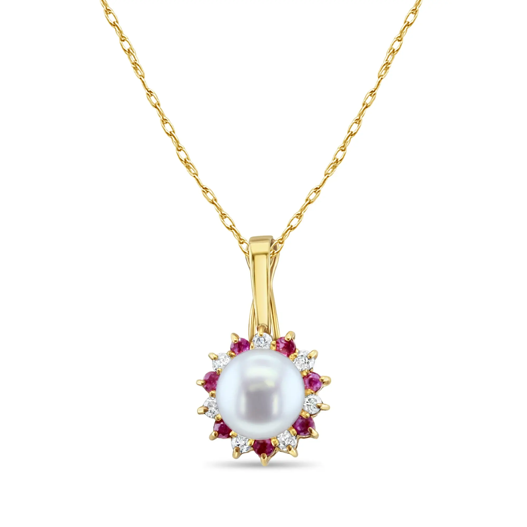 Freshwater Pearl with Diamond & Ruby Halo Necklace 14k Yellow Gold