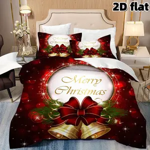 2D Flat 3Pcs Christmas Bells Duvet Cover Festive Red Holiday Bedding Collection with Golden Bells and Red Bow Soft Microfiber Bedspread Winter Seasonal Quilt Cover with 2 Pillowcases for Master Bedroom Guest Room Home Decoration Christmas Gift