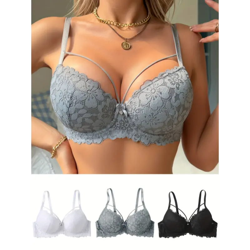 Women's Sexy Push-Up Lace Bra - Solid Mixed Color Elastane Blend Fabric, Bow Details, Lace-Up Design, Comfortable Daily Support Underwear, Hand Washable