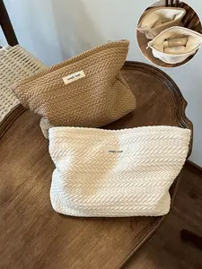 Wheat Pattern Woven Fabric Makeup Pouch, Cosmetic Organizer Bag, Large-Capacity Organizer Bag, Travel Cosmetic Bag, Makeup Storage Bag, Suitable for Daily, Back-to-School, Travel, Vacation, Ideal Gift for Girlfriends, Family, And Friends