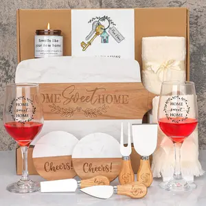 House Warming Gifts   - Marble & Acacia  Cheese Board, 4 Cheese , Candle, 2  Glasses, 2 Coasters, Greeting Card -  Sweet   for Couples, ,  Homeowners